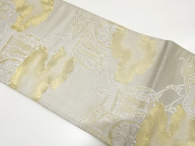 JAPANESE KIMONO / ANTIQUE FUKURO OBI / SILK / WOVEN CARRIAGE & CLOUD